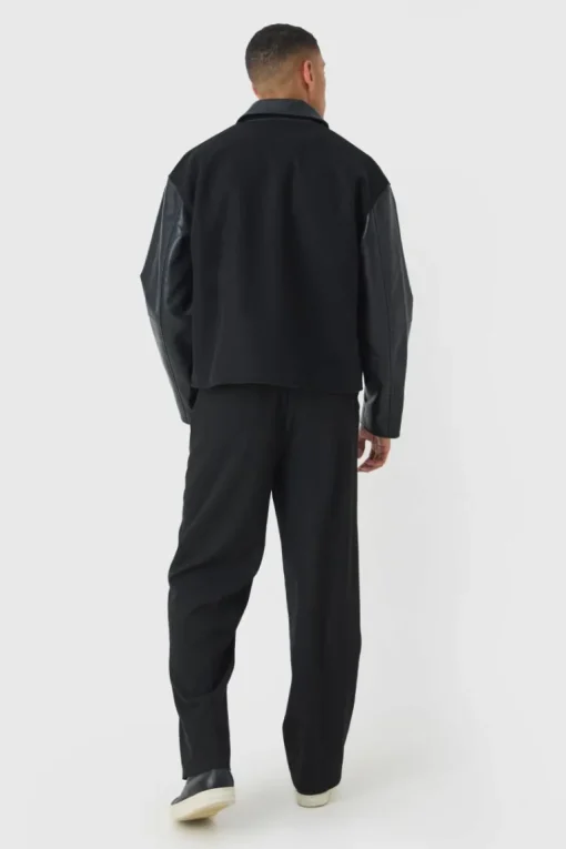 Boxy PU Sleeve Collared Harrington Jacket In Black