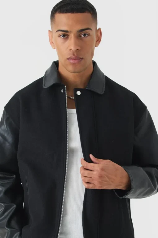 Boxy PU Sleeve Collared Harrington Jacket In Black