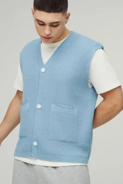 Boxy Ribbed Contrast Button Knitted Vest