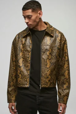 Boxy Snake PU Harrington Jacket In Brown