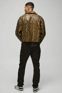 Boxy Snake PU Harrington Jacket In Brown