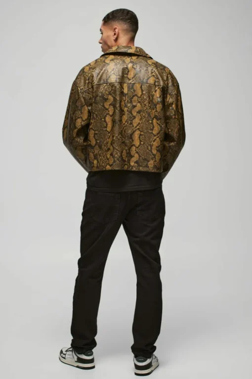 Boxy Snake PU Harrington Jacket In Brown