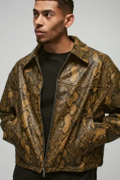 Boxy Snake PU Harrington Jacket In Brown