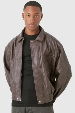 Boxy Textured PU Bomber Jacket In Brown