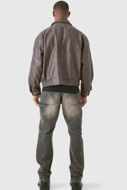 Boxy Textured PU Bomber Jacket In Brown