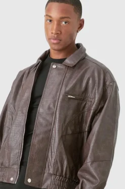 Boxy Textured PU Bomber Jacket In Brown