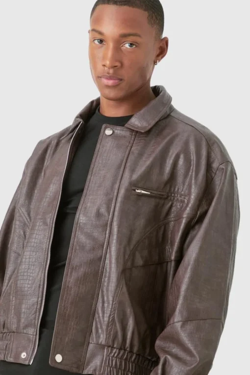 Boxy Textured PU Bomber Jacket In Brown
