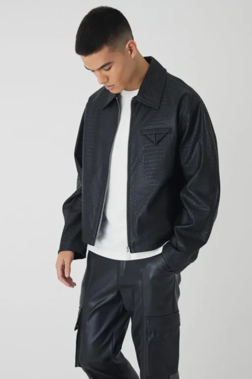 Boxy Textured PU Collared Bomber Jacket In Black
