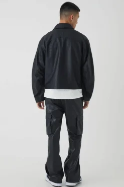 Boxy Textured PU Collared Bomber Jacket In Black