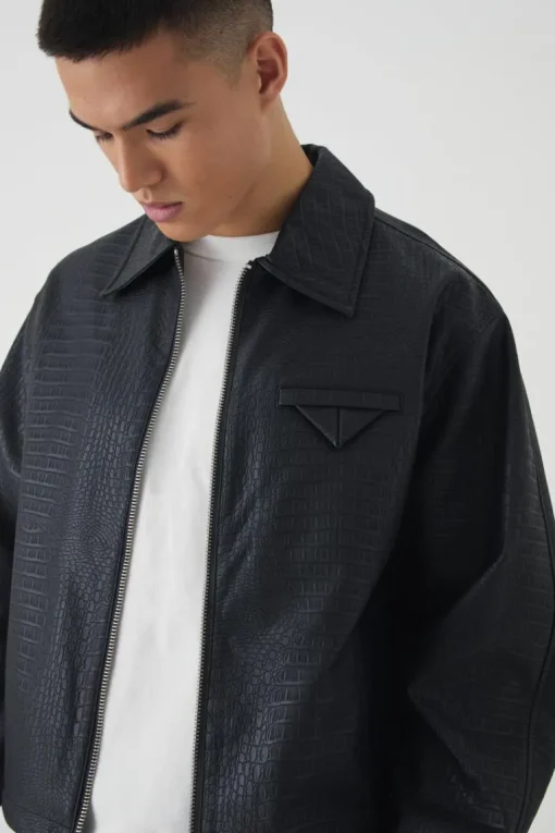 Boxy Textured PU Collared Bomber Jacket In Black
