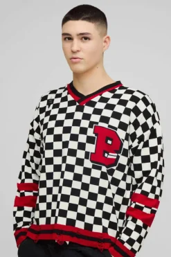 Boxy V Neck Boxy Distressed Checked Varsity Jumper
