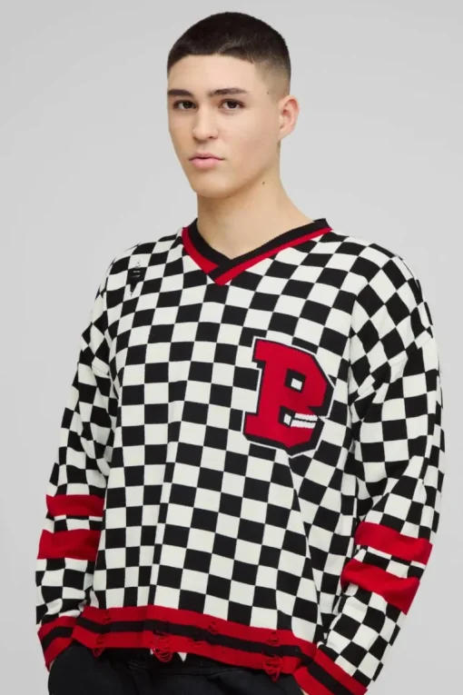 Boxy V Neck Boxy Distressed Checked Varsity Jumper