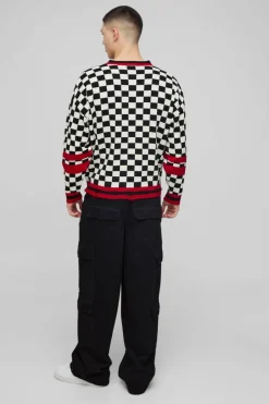 Boxy V Neck Boxy Distressed Checked Varsity Jumper
