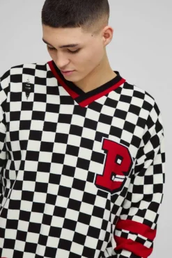 Boxy V Neck Boxy Distressed Checked Varsity Jumper