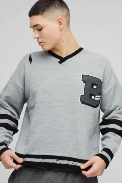 Boxy V Neck Boxy Distressed Varsity Jumper