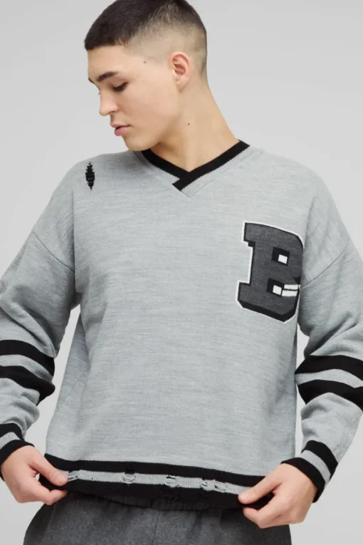 Boxy V Neck Boxy Distressed Varsity Jumper