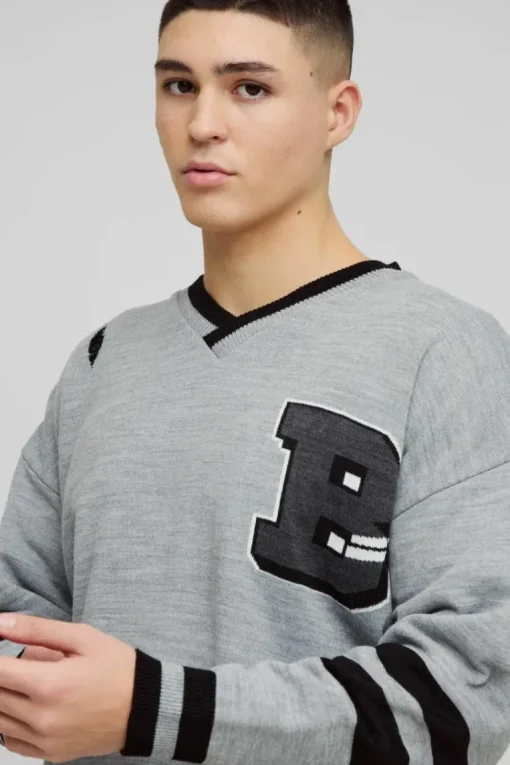 Boxy V Neck Boxy Distressed Varsity Jumper