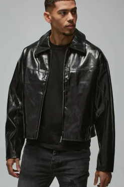 Boxy Vinyl PU Harrington Jacket In Black
