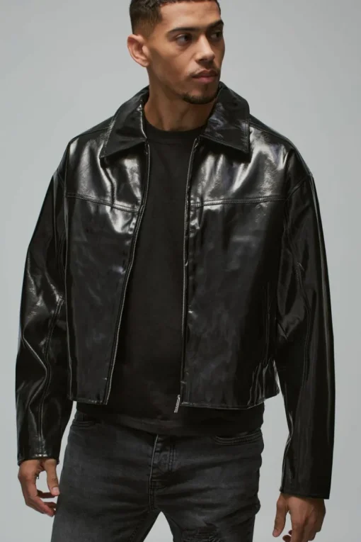 Boxy Vinyl PU Harrington Jacket In Black