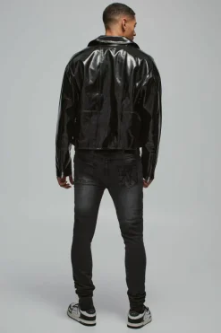 Boxy Vinyl PU Harrington Jacket In Black