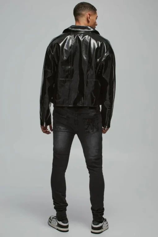 Boxy Vinyl PU Harrington Jacket In Black