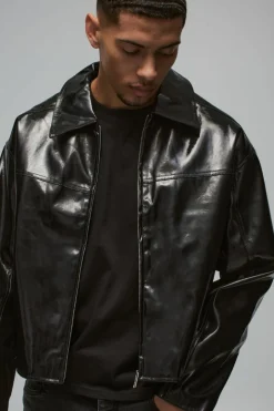 Boxy Vinyl PU Harrington Jacket In Black