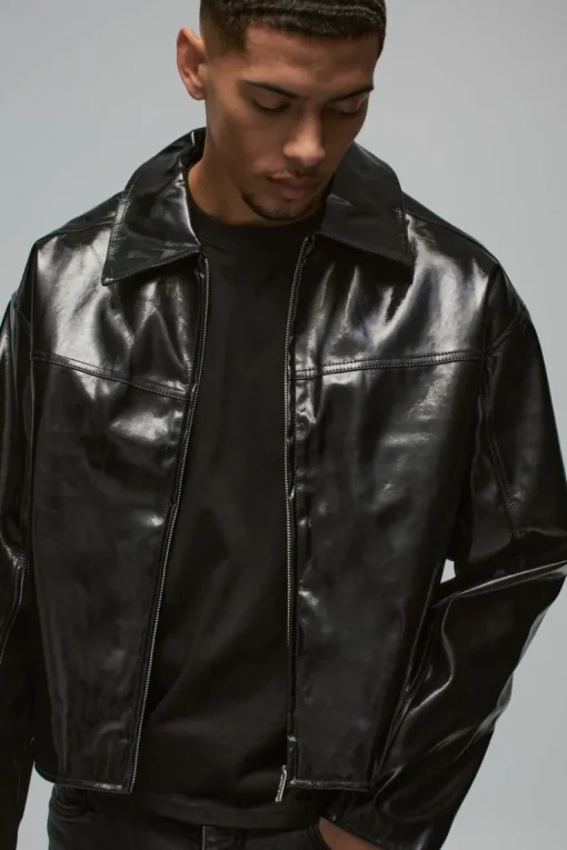 Boxy Vinyl PU Harrington Jacket In Black