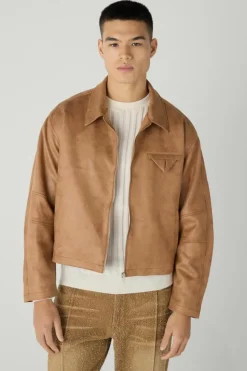 Boxy Washed Collared Harrington Jacket In Brown