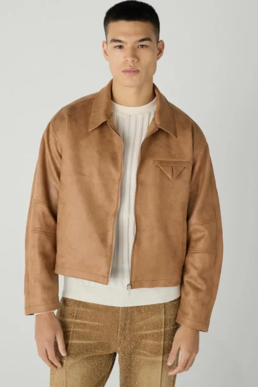 Boxy Washed Collared Harrington Jacket In Brown