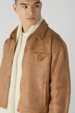 Boxy Washed Collared Harrington Jacket In Brown