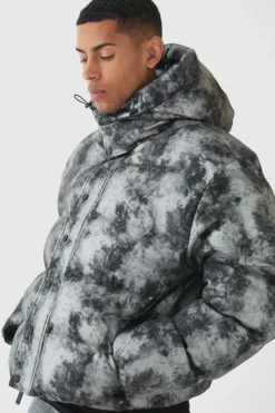 Boxy Washed Hooded Puffer Jacket In Grey