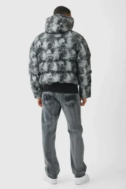 Boxy Washed Hooded Puffer Jacket In Grey