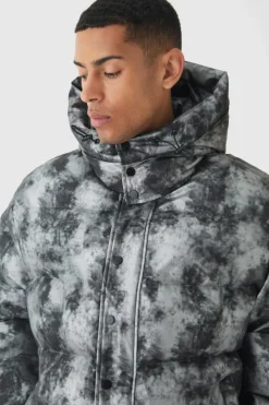 Boxy Washed Hooded Puffer Jacket In Grey