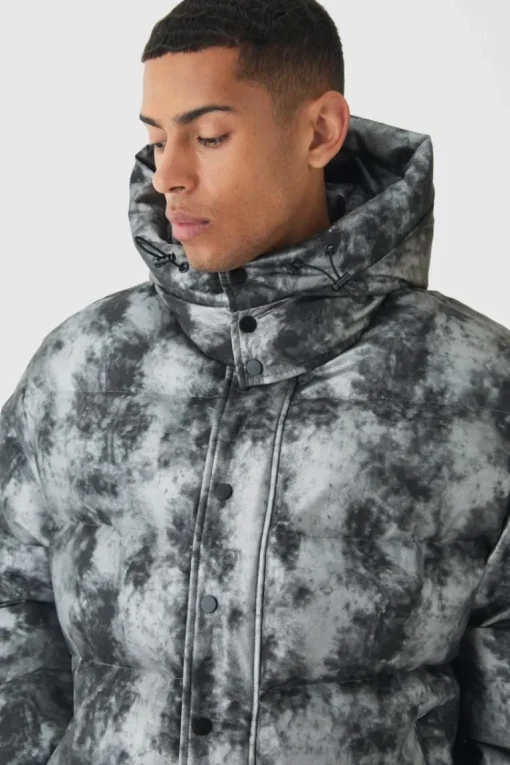 Boxy Washed Hooded Puffer Jacket In Grey