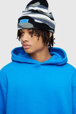 Camo Print Man Woven Tab Beanie In Grey