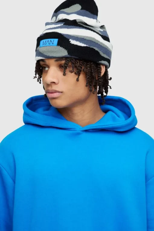 Camo Print Man Woven Tab Beanie In Grey