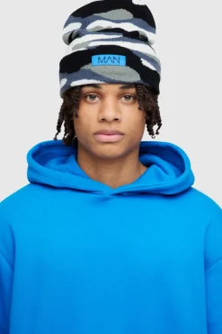 Camo Print Man Woven Tab Beanie In Grey