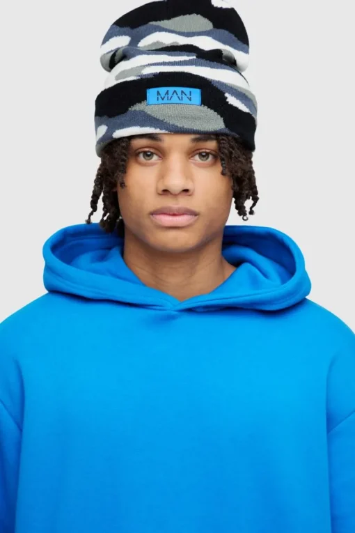 Camo Print Man Woven Tab Beanie In Grey