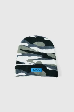Camo Print Man Woven Tab Beanie In Grey