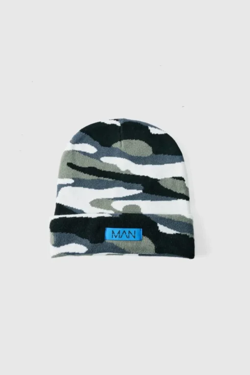 Camo Print Man Woven Tab Beanie In Grey