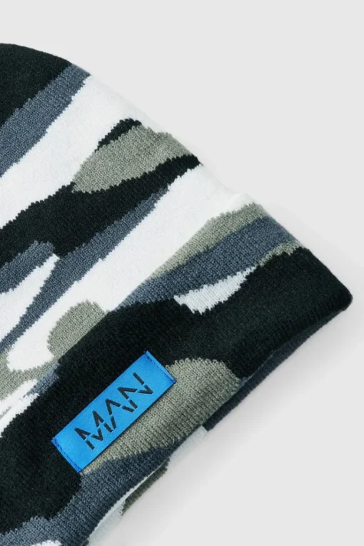 Camo Print Man Woven Tab Beanie In Grey