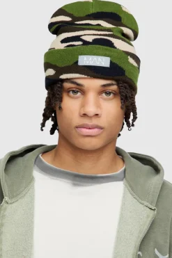 Camo Print Man Woven Tab Beanie In Green