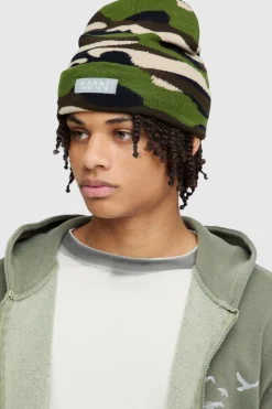 Camo Print Man Woven Tab Beanie In Green