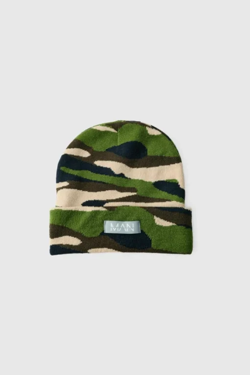 Camo Print Man Woven Tab Beanie In Green