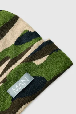 Camo Print Man Woven Tab Beanie In Green