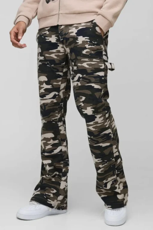 Camo Raw Hem Gusset Carpenter Flared Jeans