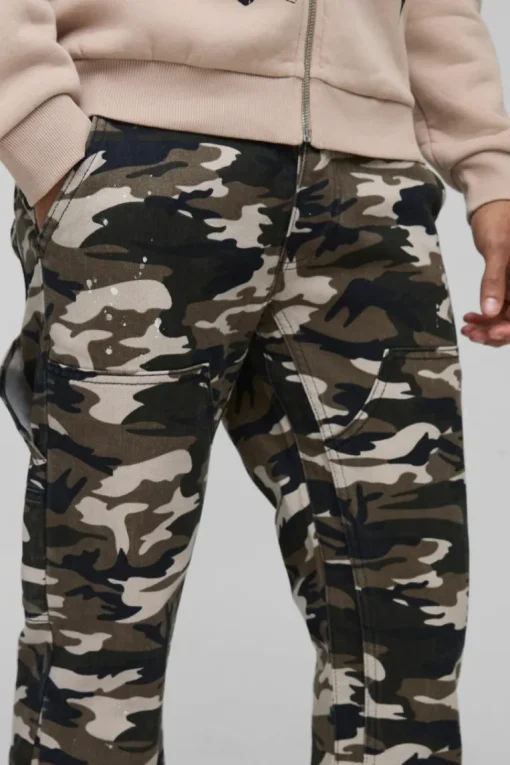 Camo Raw Hem Gusset Carpenter Flared Jeans