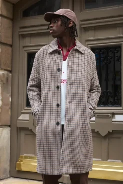 Check Collared Overcoat In Brown