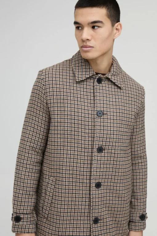 Check Collared Overcoat In Brown