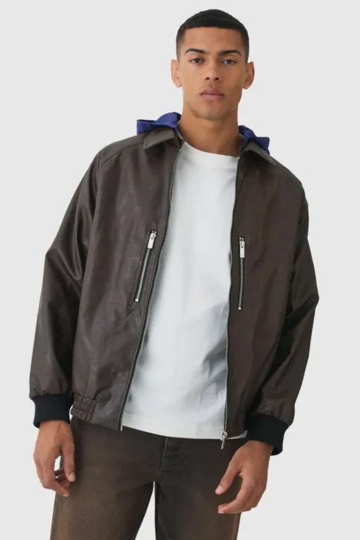 Collared Pu Bomber Jacket With Detachable Hood In Brown